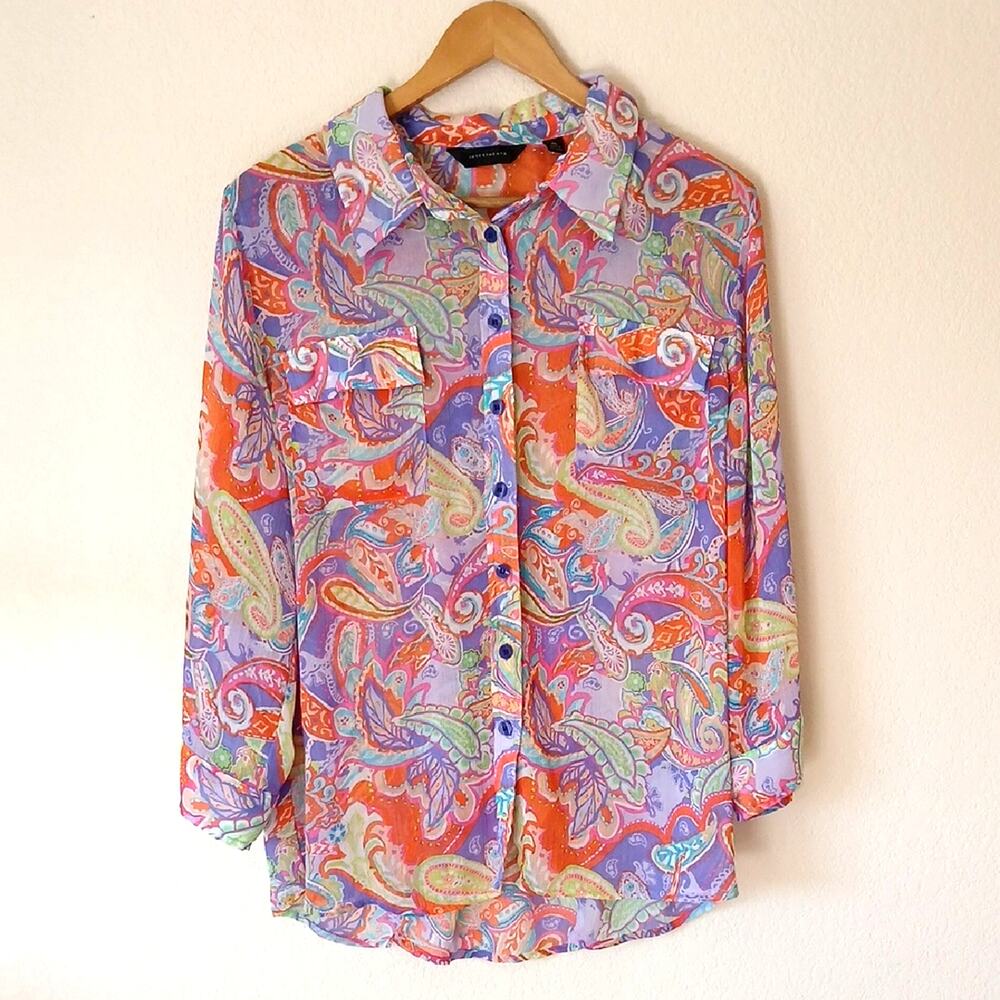 Investments Colorful Sheer Paisley Retro Button Up Blouse